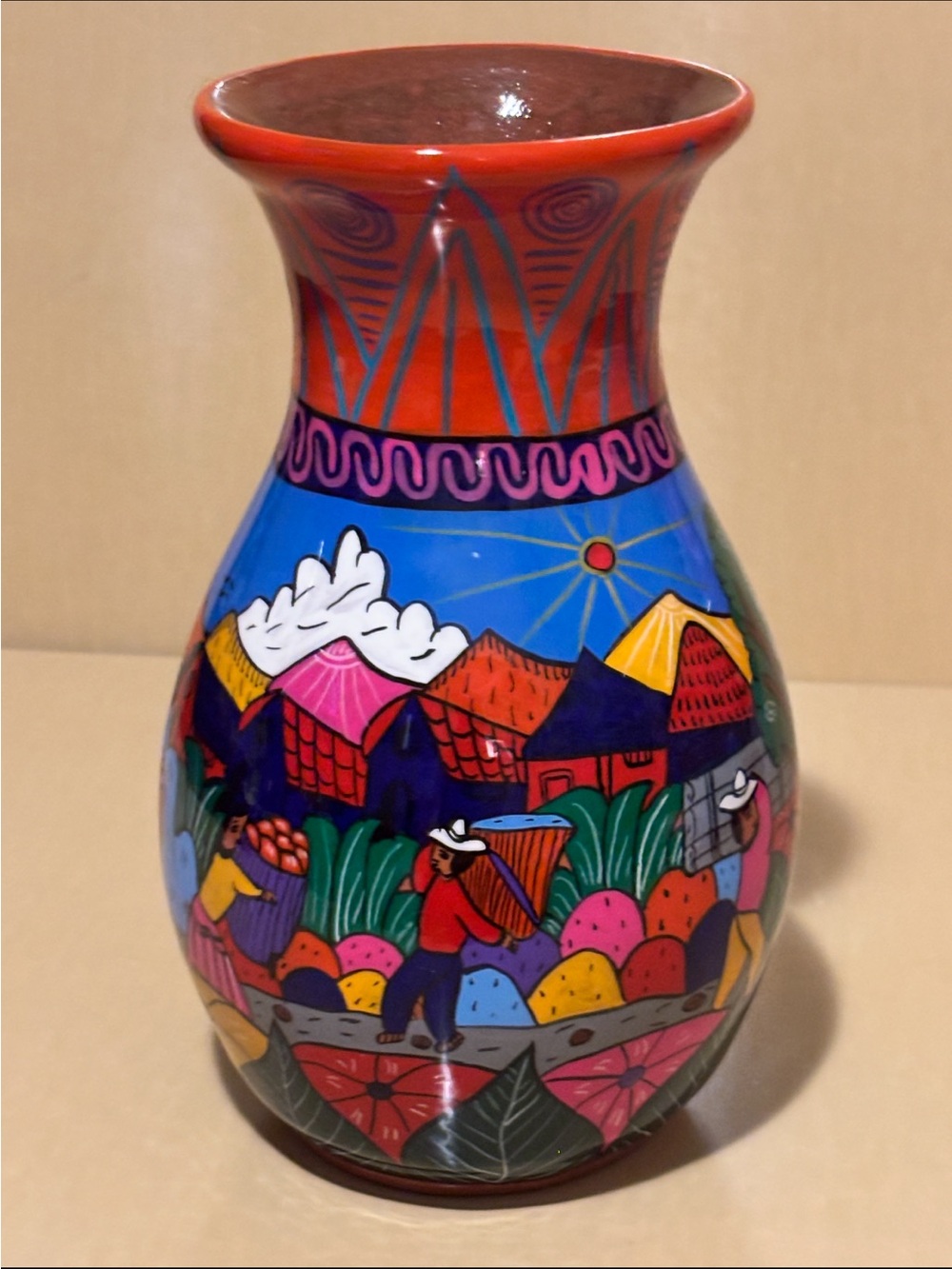 Mexican Red Potterry Vase. 7.5”x4/5” Ceramic Vase - Blue & Red